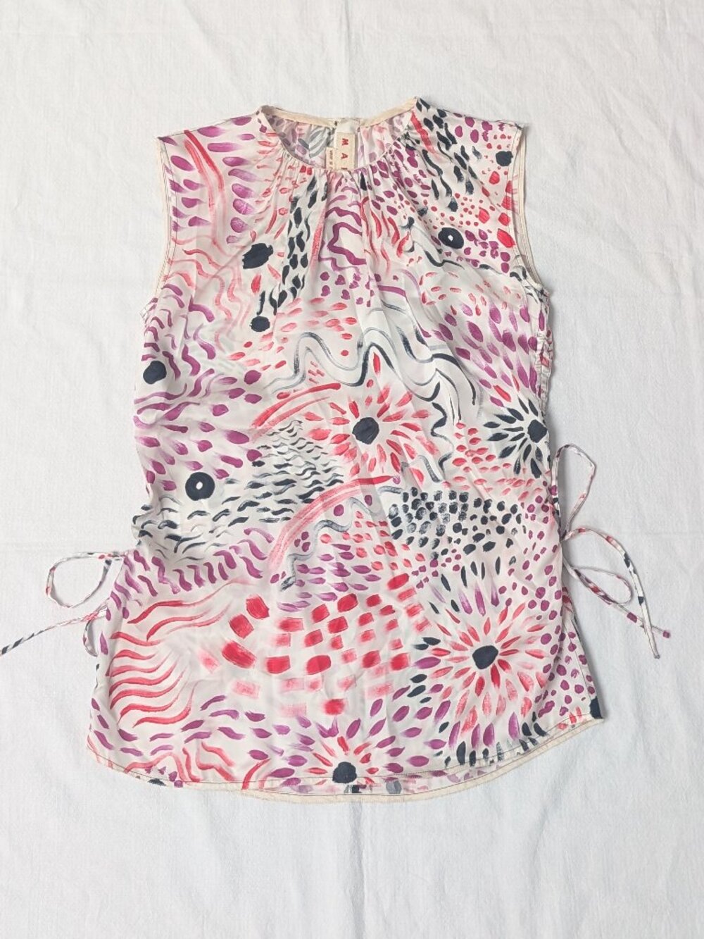 Marni Abstract Flower Printed Sleeveless Gathered Tunic Top Size 38 US 2 Red